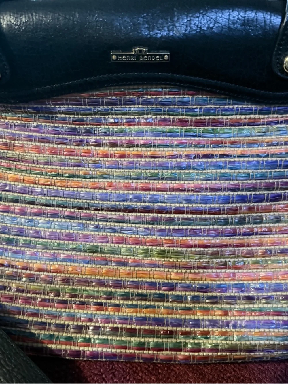 Black Leather Top-Handle Women’s Bag with Multicolor Trim